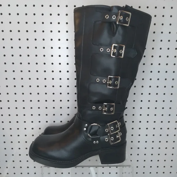 Women's 12.5" Knee High Moto Boots Buckle Strap Gothic Low Chunky Platform Black - Picture 4 of 10